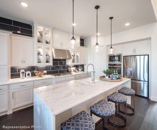 kitchen featuring appliances with stainless steel finishes, sink, range hood, dark wood-type flooring, and a kitchen island with sink