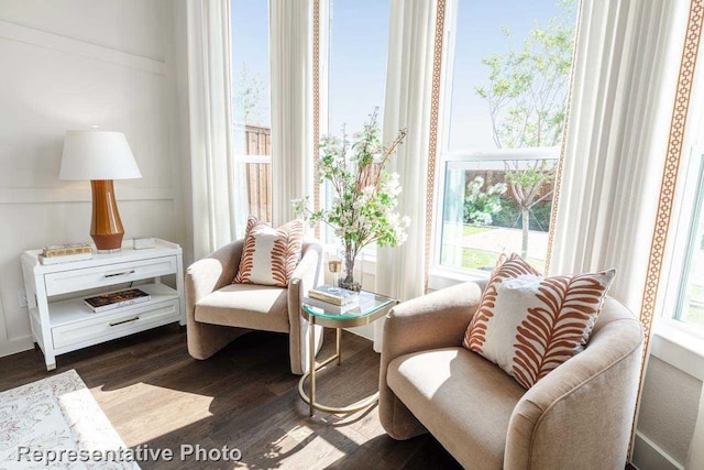 living area featuring dark wood-type flooring and plenty of natural light