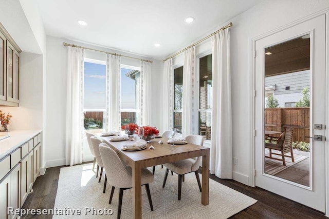 dining space with dark wood-type flooring