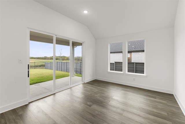 spare room featuring lofted ceiling and dark wood-type flooring