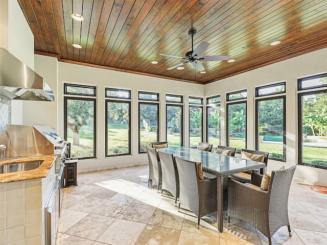 sunroom with sink, wood ceiling, and ceiling fan