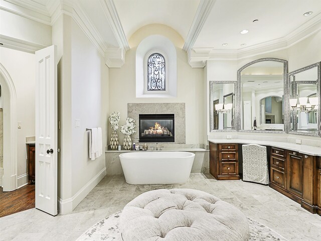 bathroom featuring vanity, ornamental molding, and a washtub