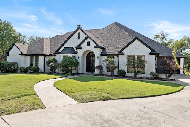 french country home with a front lawn