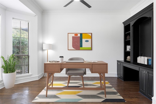 office with dark hardwood / wood-style floors, ceiling fan, and ornamental molding