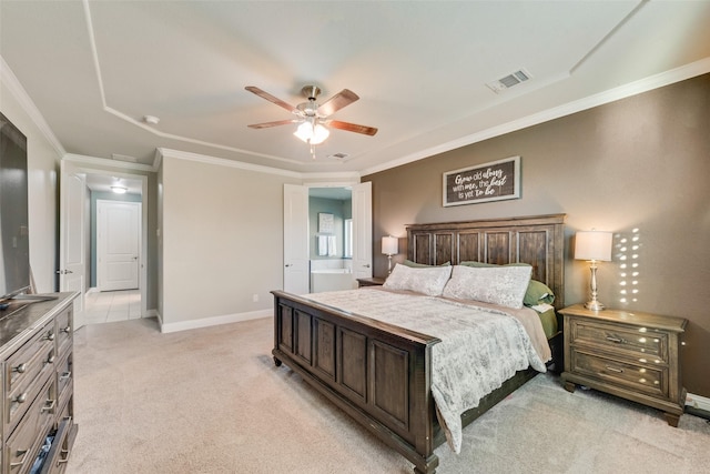 bedroom with light carpet, ornamental molding, visible vents, and baseboards