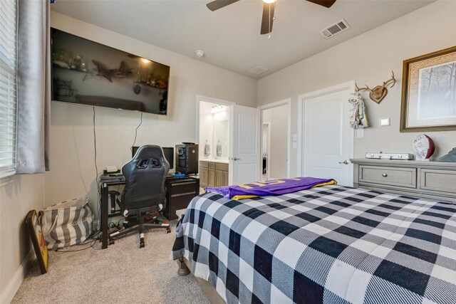 bedroom featuring light colored carpet and ceiling fan