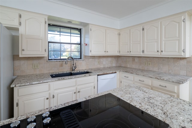 kitchen with dishwasher, white cabinetry, decorative backsplash, and crown molding