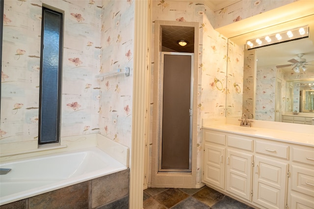 bathroom with vanity, ceiling fan, and separate shower and tub