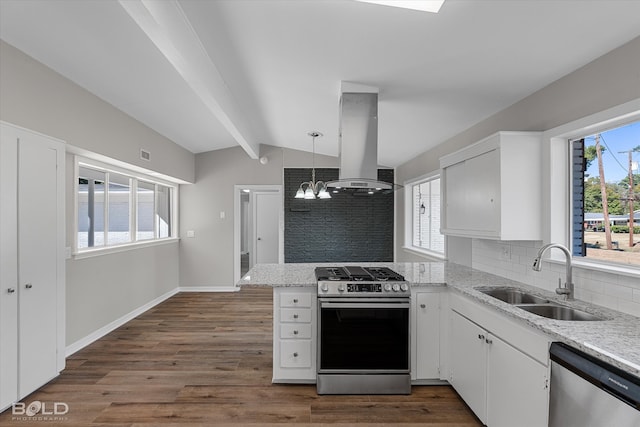 kitchen with island range hood, stainless steel appliances, sink, white cabinets, and dark hardwood / wood-style flooring