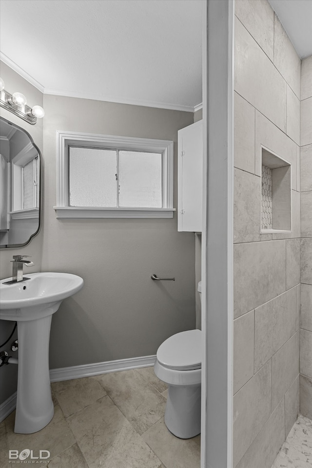 bathroom with toilet and ornamental molding