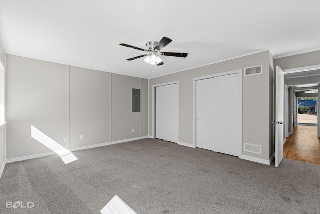 unfurnished bedroom featuring two closets, electric panel, carpet, and ceiling fan