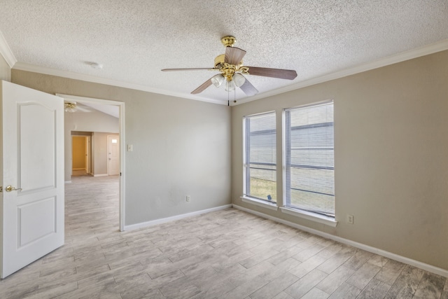 spare room with crown molding, a textured ceiling, light wood-type flooring, and ceiling fan