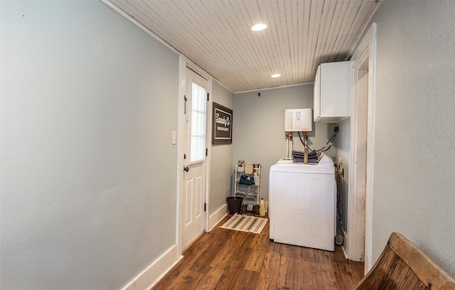 clothes washing area with washer / dryer, wood ceiling, ornamental molding, and dark wood-type flooring