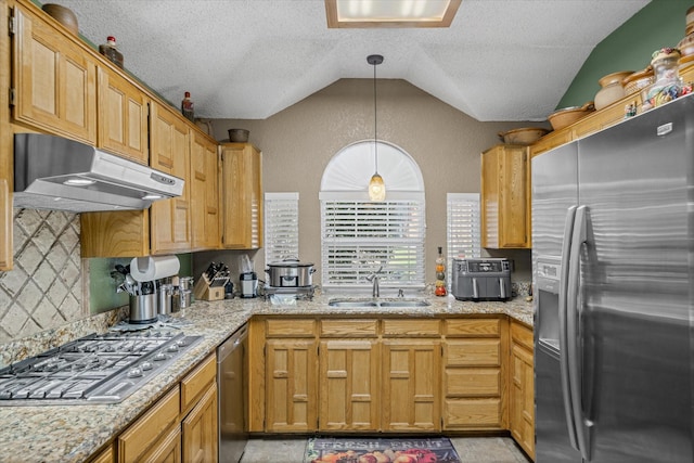 kitchen with vaulted ceiling, decorative light fixtures, sink, a textured ceiling, and stainless steel appliances