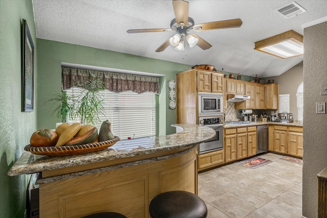 kitchen featuring light stone counters, plenty of natural light, vaulted ceiling, and appliances with stainless steel finishes