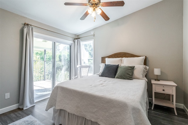 bedroom with dark wood-type flooring, ceiling fan, access to outside, and vaulted ceiling