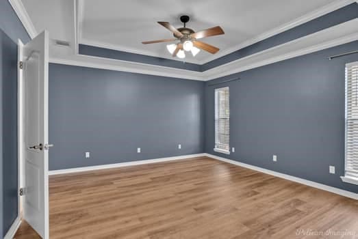 spare room featuring ceiling fan, wood-type flooring, and ornamental molding