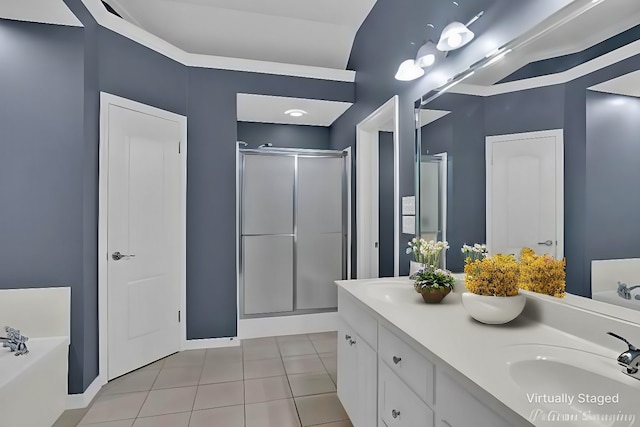 bathroom with vanity, plus walk in shower, and tile patterned flooring