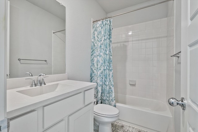 full bathroom featuring vanity, shower / bath combination with curtain, and toilet