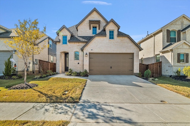 french country style house with a front yard and a garage