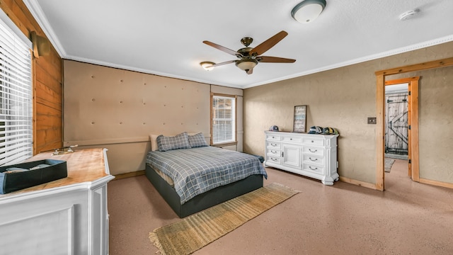 bedroom with crown molding and ceiling fan