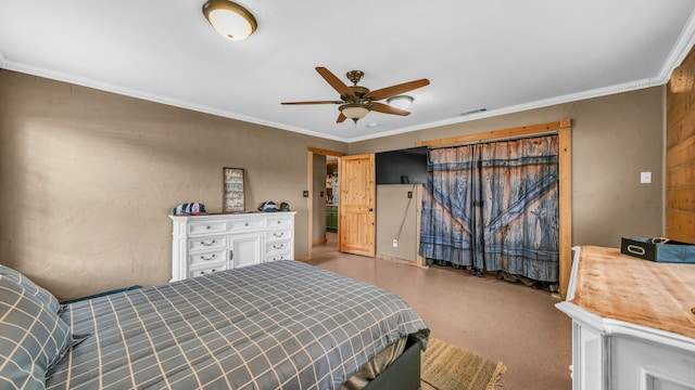 bedroom with ornamental molding and ceiling fan