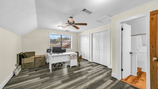 office area with dark wood-type flooring, ceiling fan, a textured ceiling, and lofted ceiling