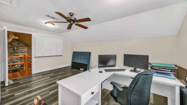 office area with vaulted ceiling, ceiling fan, and dark hardwood / wood-style flooring