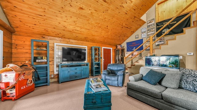 living room with wood ceiling and lofted ceiling