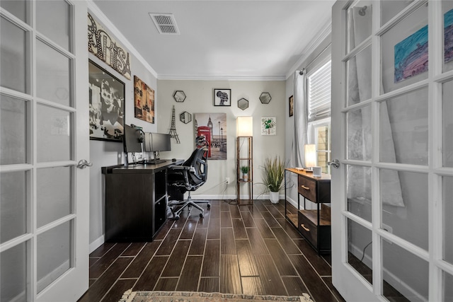 home office featuring french doors, ornamental molding, and dark hardwood / wood-style flooring