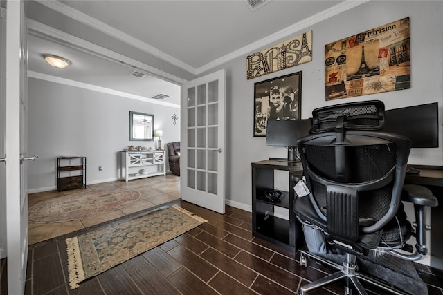 office area featuring ornamental molding, french doors, and dark hardwood / wood-style flooring