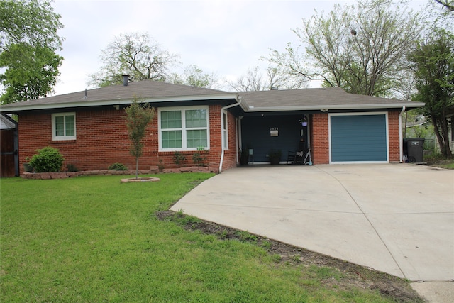 ranch-style house with a front yard and a garage