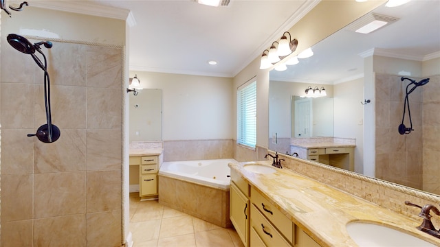 bathroom with vanity, ornamental molding, tile patterned floors, and separate shower and tub