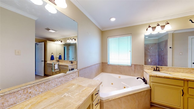 bathroom with vanity, crown molding, and shower with separate bathtub