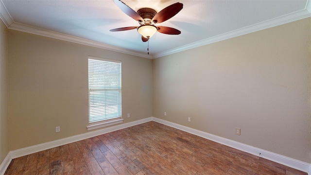 unfurnished room with ceiling fan, ornamental molding, and hardwood / wood-style floors