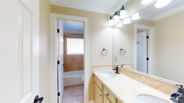 full bathroom with vanity, crown molding, tile patterned floors, and toilet