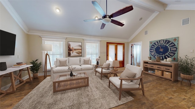 living room with ceiling fan, dark wood-type flooring, beam ceiling, high vaulted ceiling, and ornamental molding