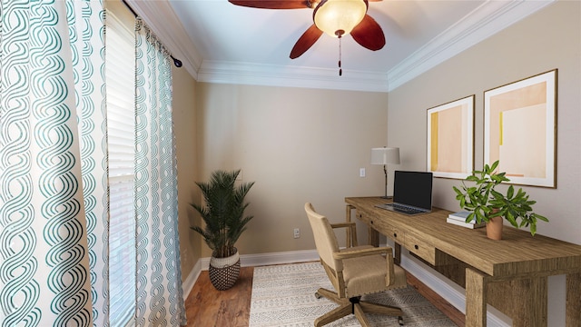 office area featuring ceiling fan, crown molding, and hardwood / wood-style floors