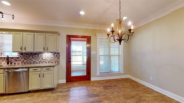 kitchen with backsplash, stainless steel dishwasher, crown molding, light hardwood / wood-style flooring, and a chandelier