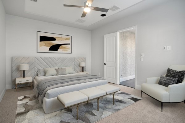 carpeted bedroom with ceiling fan