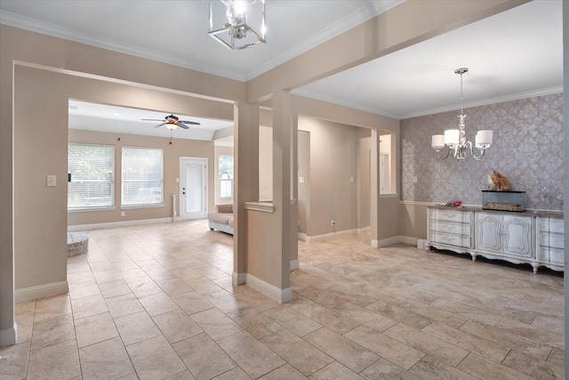 interior space featuring crown molding and ceiling fan with notable chandelier