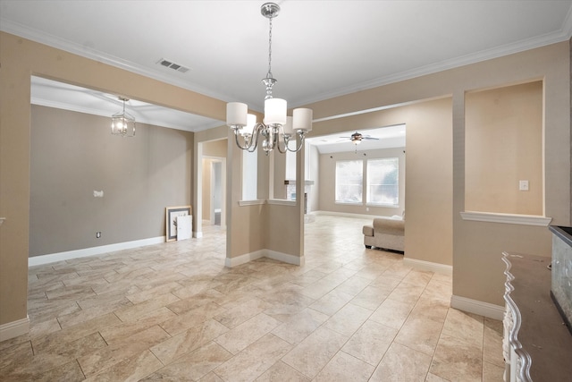 unfurnished dining area featuring crown molding and ceiling fan with notable chandelier