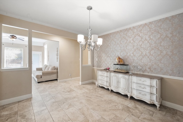 dining space with crown molding and ceiling fan with notable chandelier