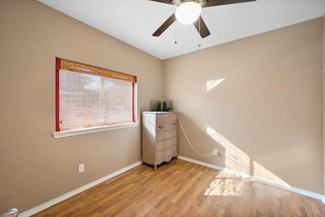 unfurnished bedroom with light wood-type flooring and ceiling fan