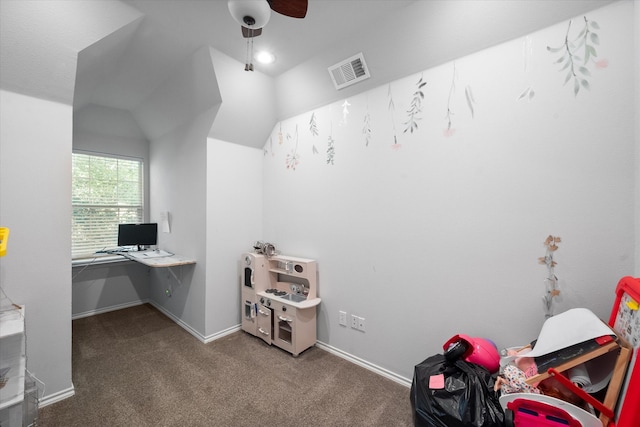 office featuring lofted ceiling, carpet floors, and ceiling fan