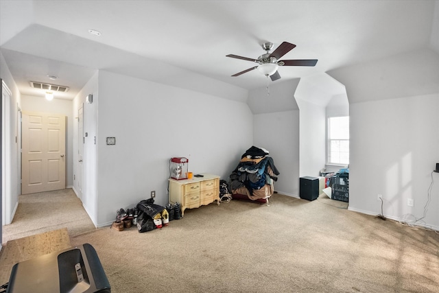 bonus room with lofted ceiling, light colored carpet, and ceiling fan