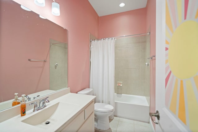 full bathroom with vanity, shower / tub combo, toilet, and tile patterned flooring