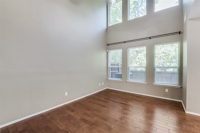 spare room featuring a wealth of natural light, a high ceiling, and dark hardwood / wood-style floors