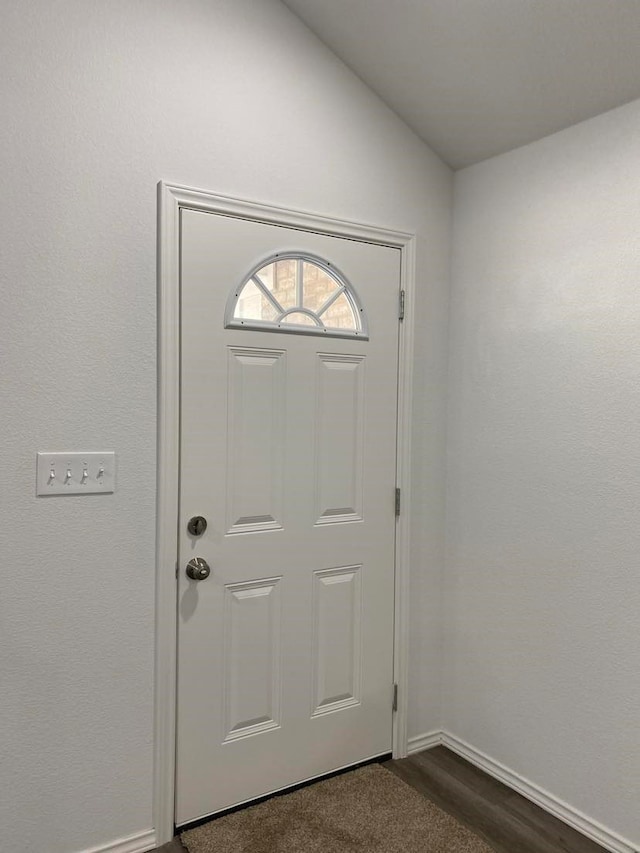 foyer entrance featuring lofted ceiling and dark wood-type flooring