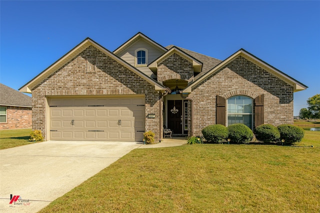 view of property with a front lawn and a garage